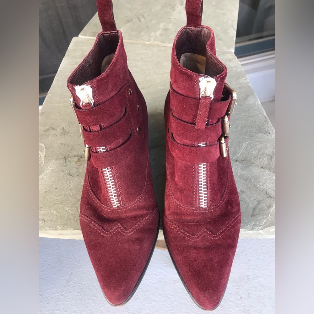 Tabitha Simmons Wine Suede Buckle Zip Ankle Booties
